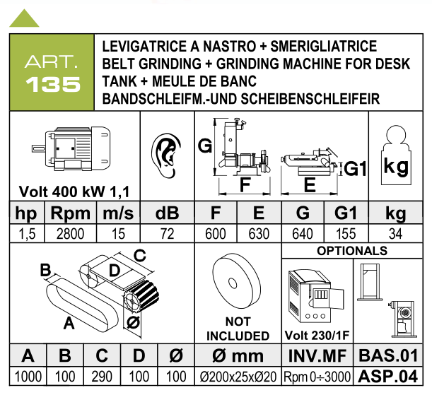ART. 135 – Stolní pásová bruska s kotoučovou bruskou – Technické parametry