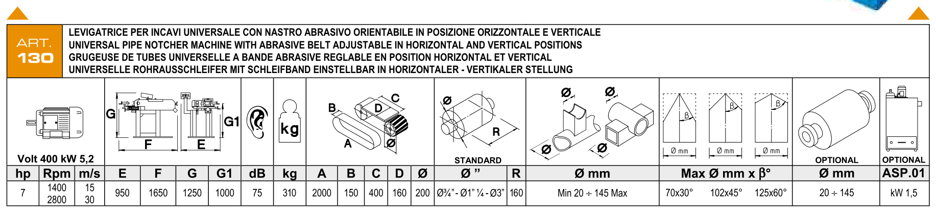 ART. 130 – Univerzální bruska na výřezy trubek – Technické parametry