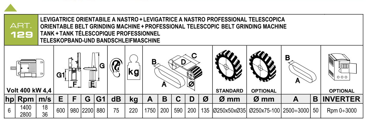 ART. 129 – Naklápěcí + profesionální teleskopická pásová bruska – Technické parametry