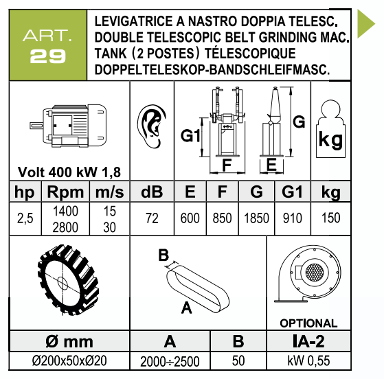 ART. 29 – Dvojitá teleskopická pásová bruska – Technické parametry